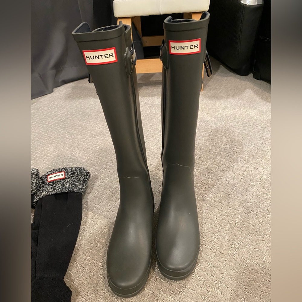 Tall Gray Hunter Boots with navy and white webbing straps